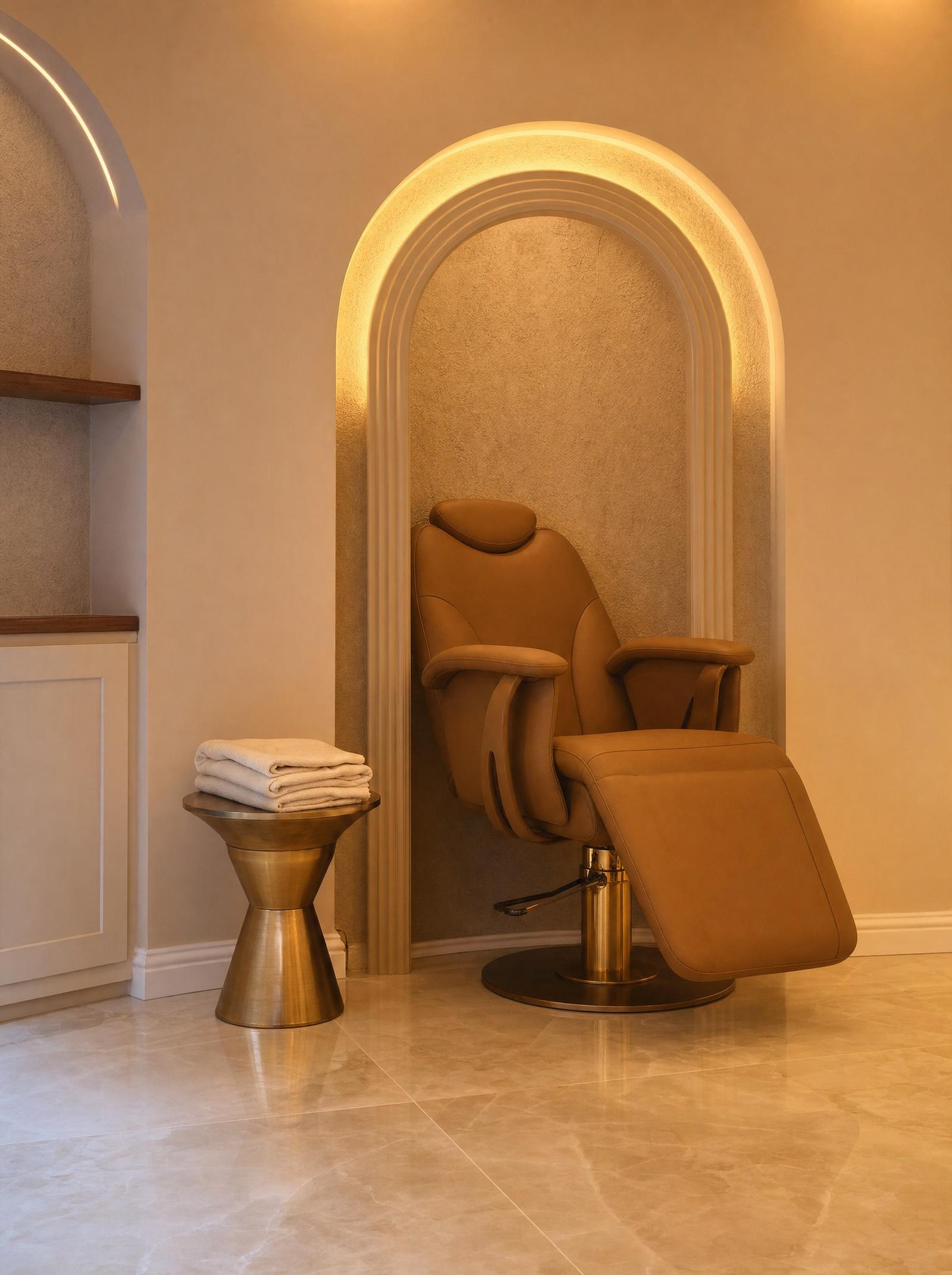 Camel leather treatment chair inside a glowing fluted arch niche