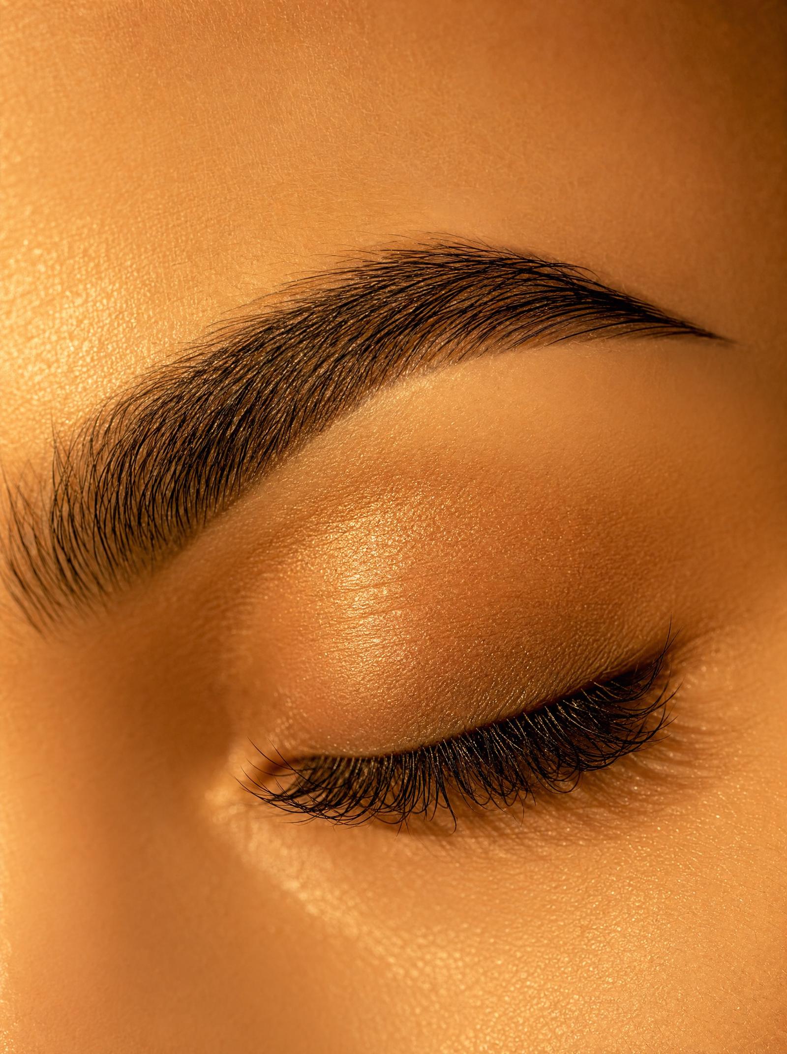 Close-up of a sculpted brow and long lashes in golden light
