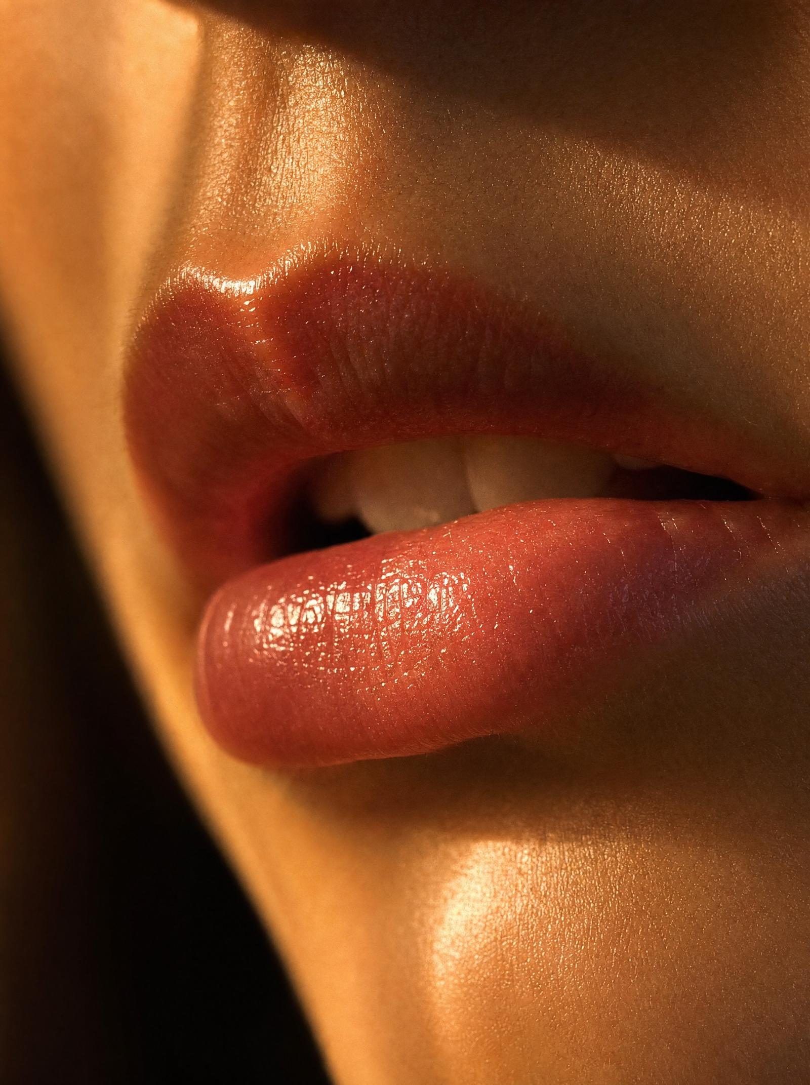 Close-up of softly parted lips in warm golden light