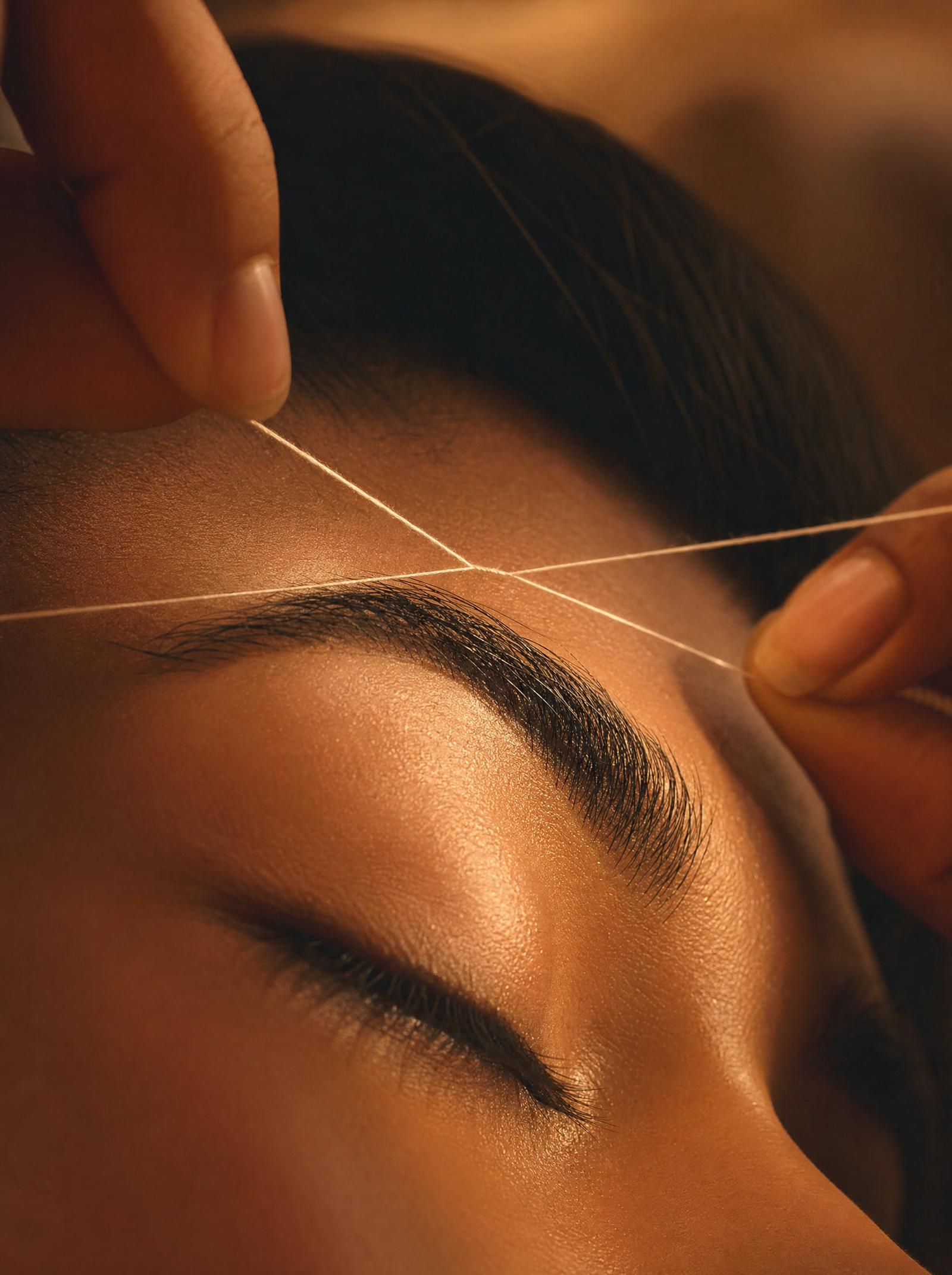 Cotton thread held taut between two hands above an eyebrow