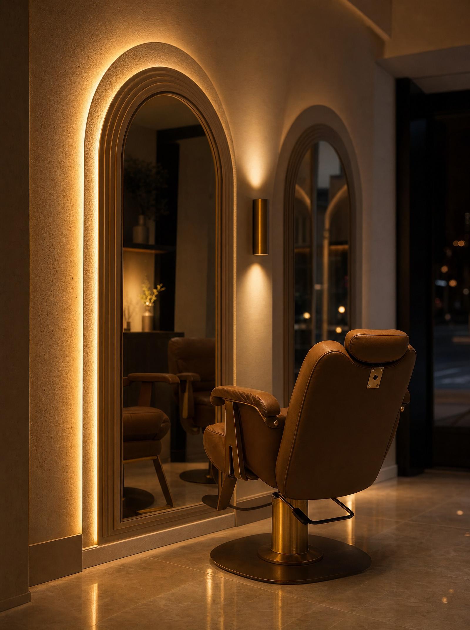 Camel leather chair beside glowing arched mirrors in evening light