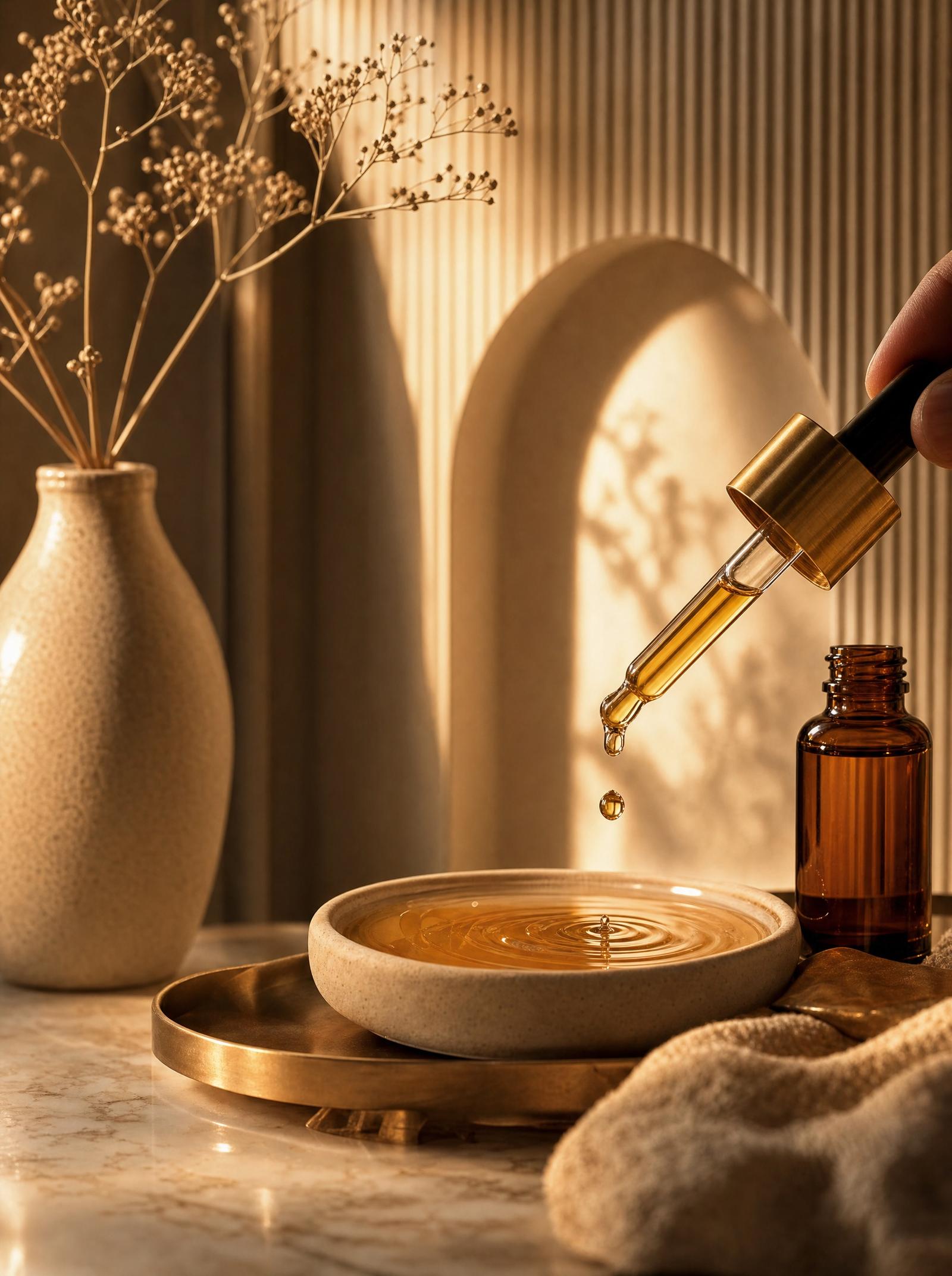 Amber serum dropper above a ceramic bowl beside a warm-lit arch