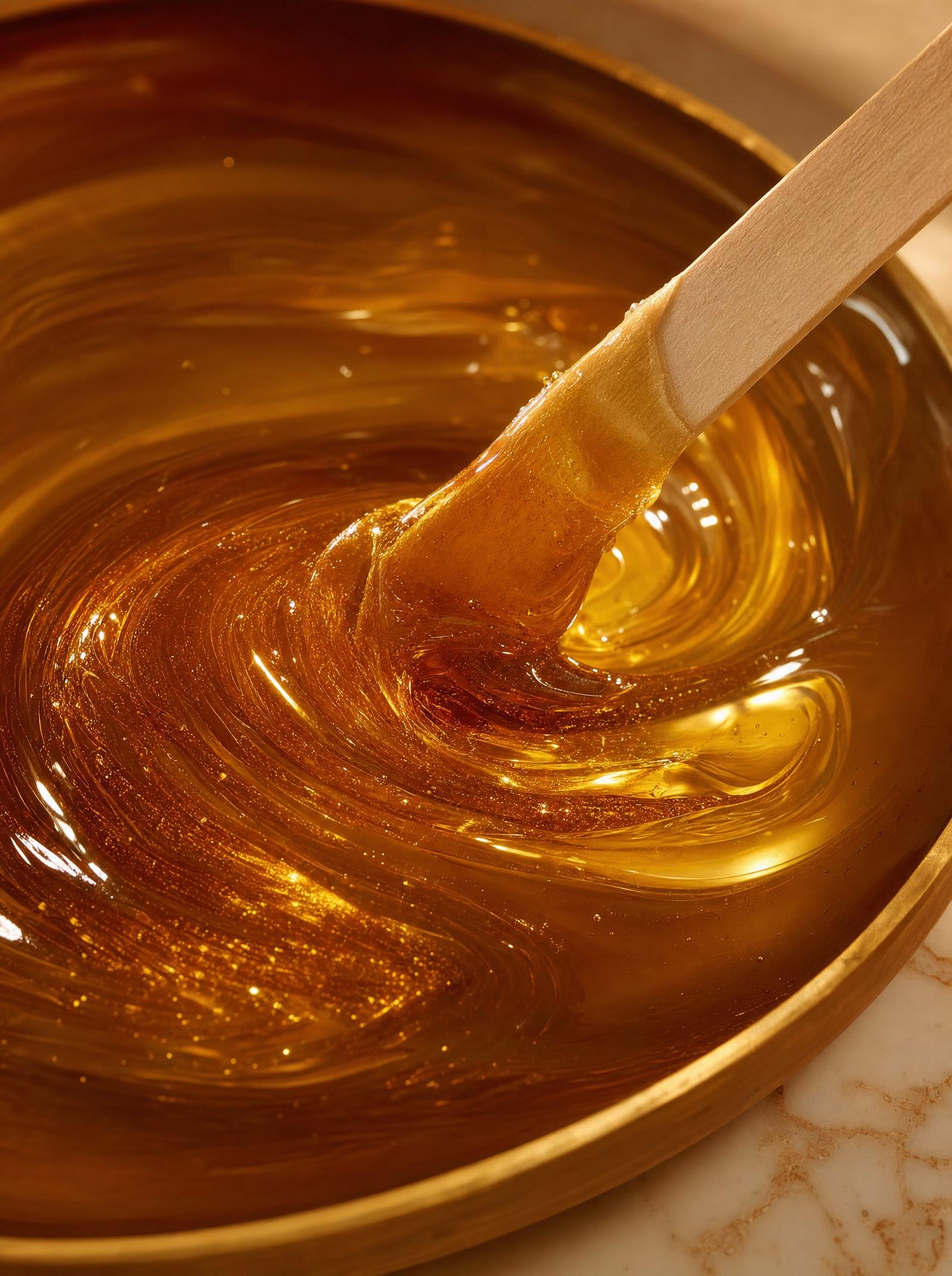 Molten golden wax swirled with a wooden spatula in a brass dish
