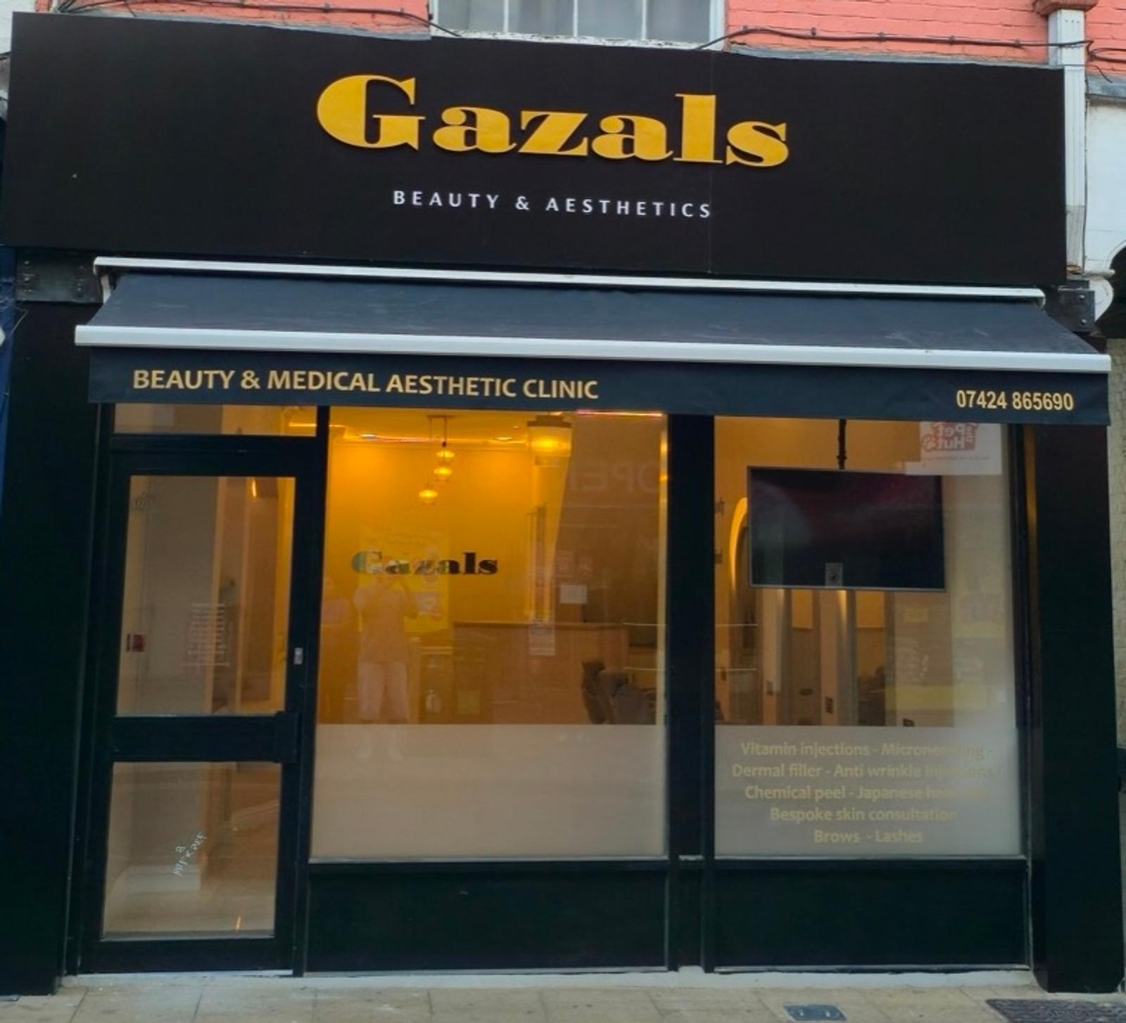 Gazals shopfront with black awning and gold signage in Ipswich