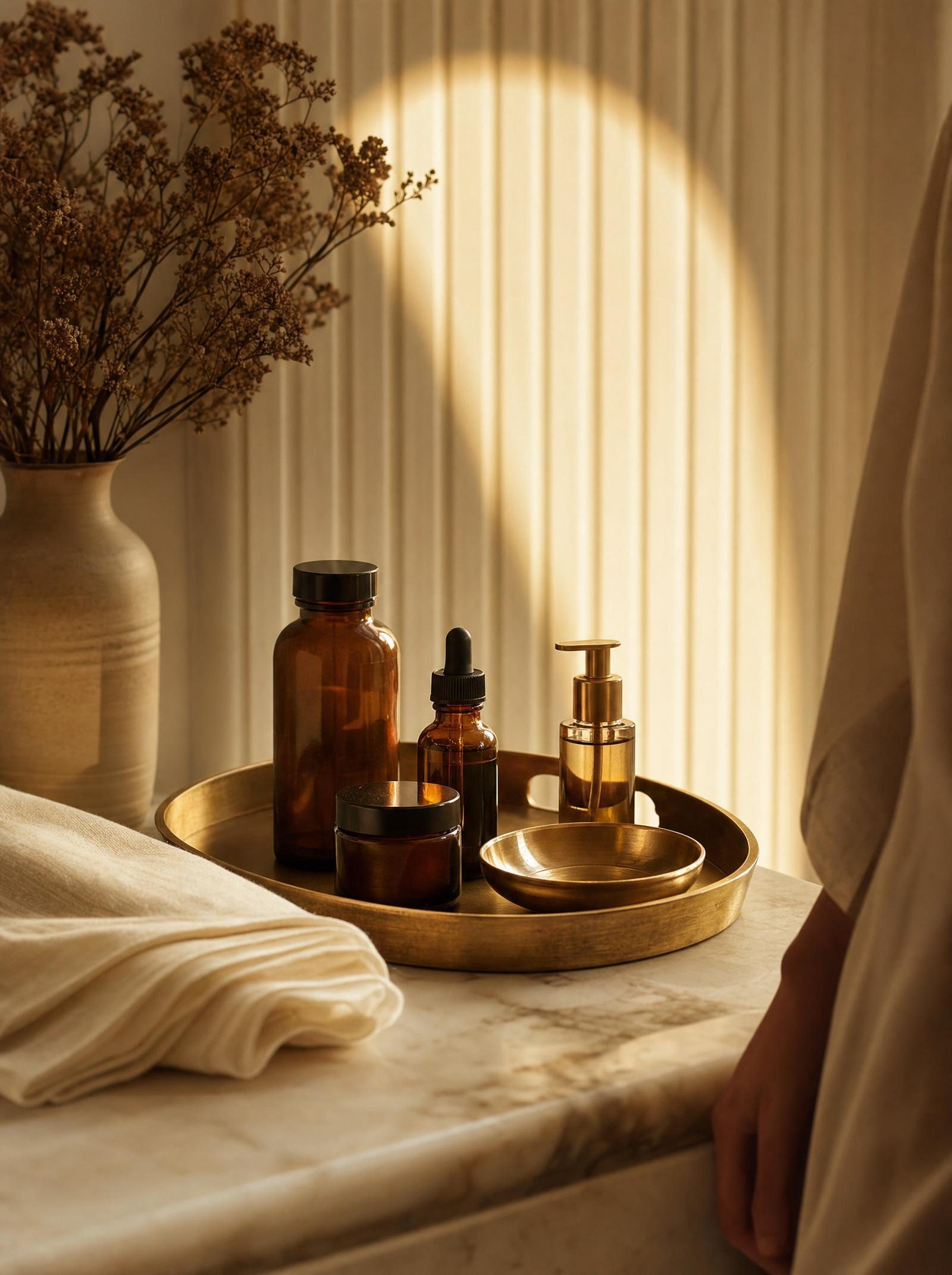 Brass tray with folded linen and amber glass bottles on cream marble