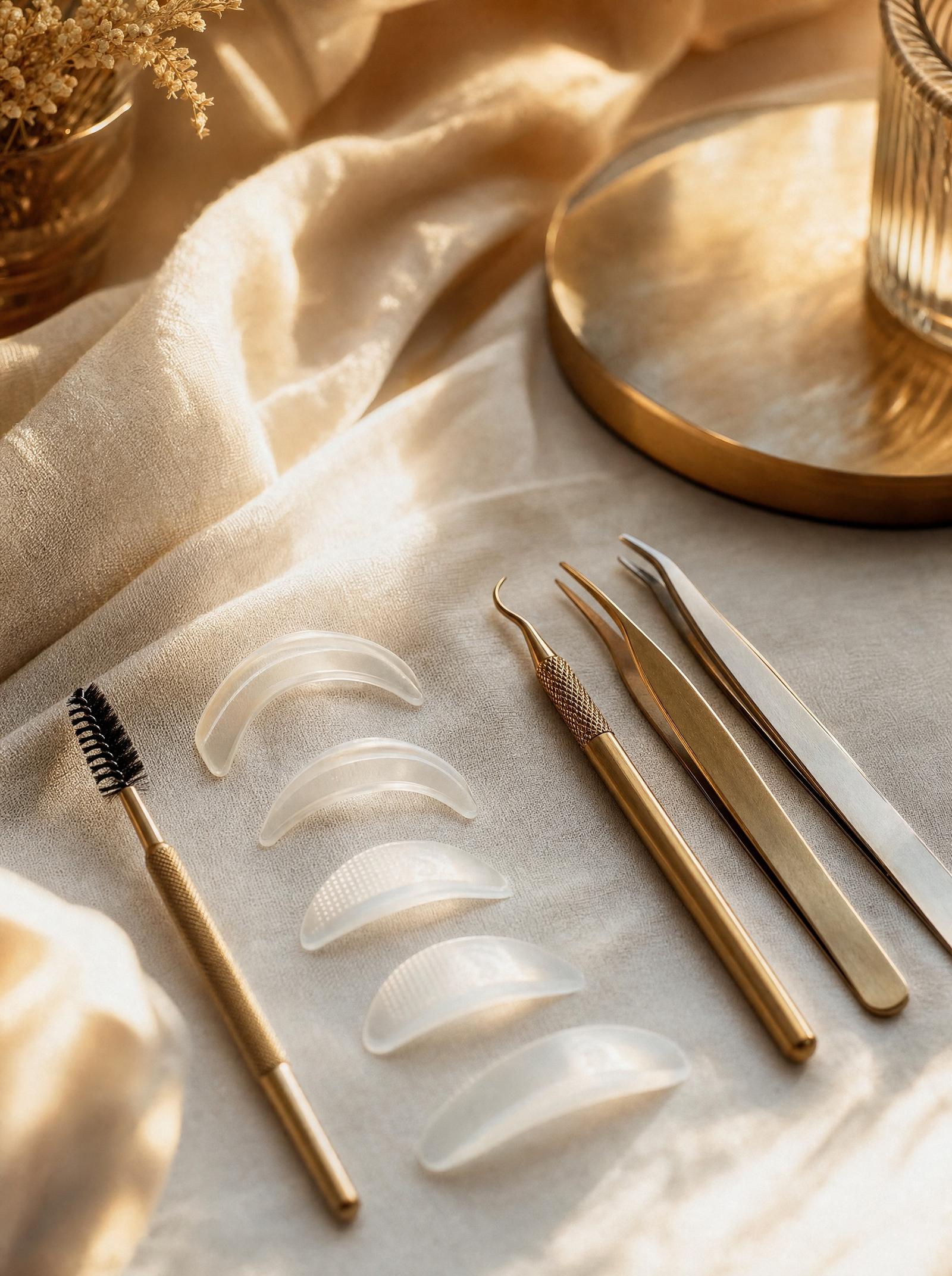 Lash lift tools and a spoolie brush on cream linen