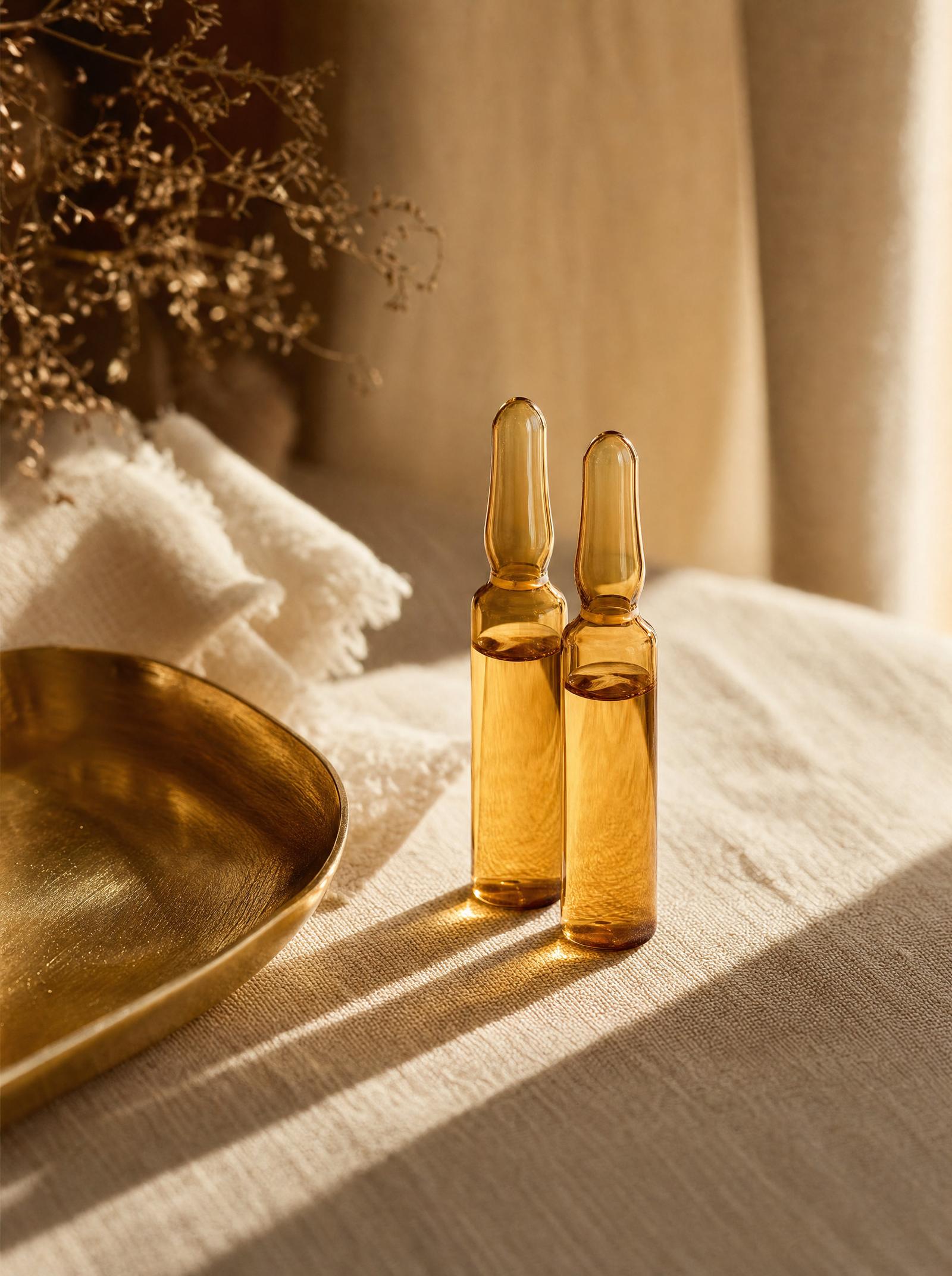 Two sealed amber ampoules on cream linen beside a brushed brass tray