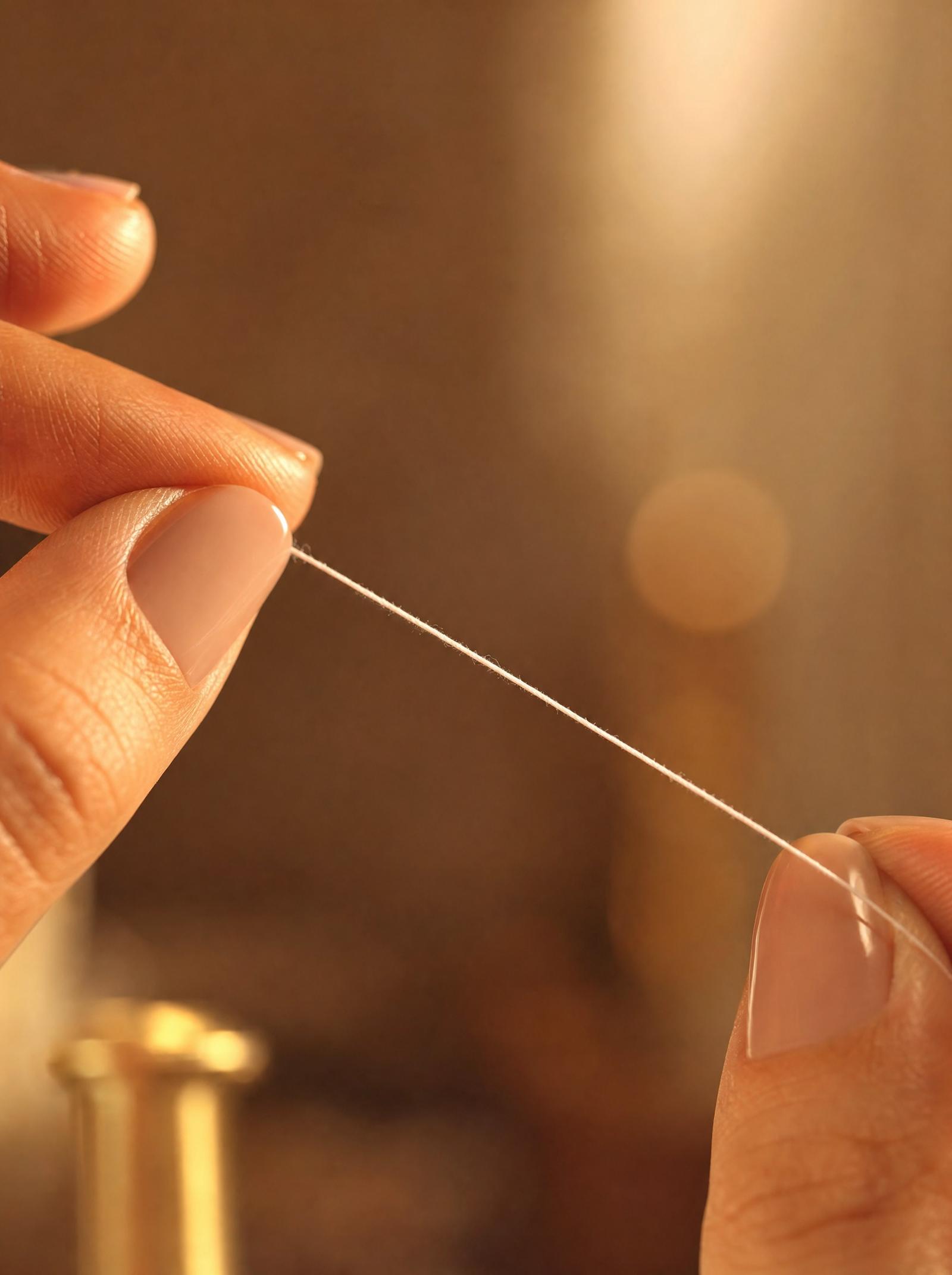 Taut cotton thread held between fingertips