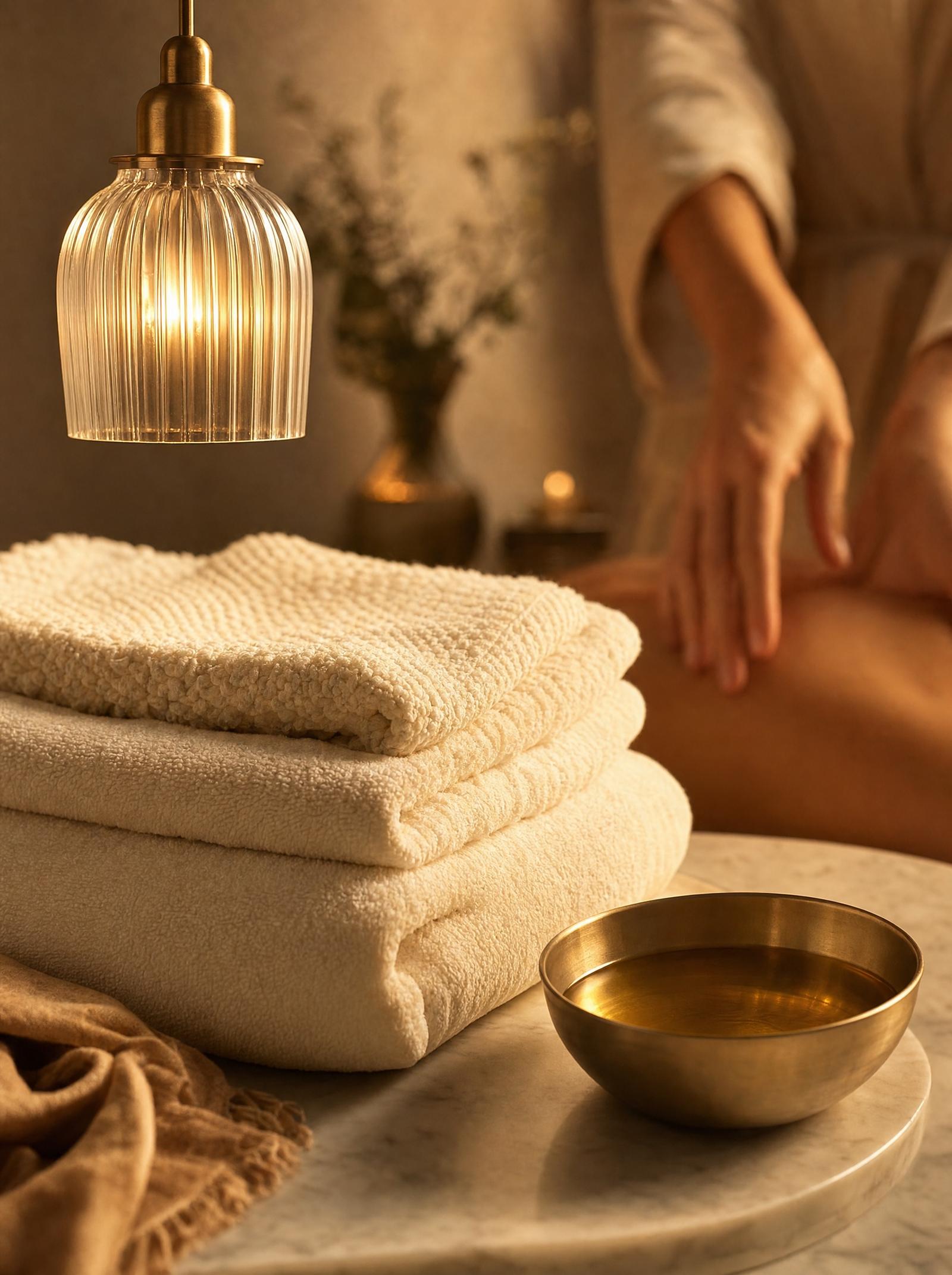 Folded cream towels beside a brass bowl of warm oil
