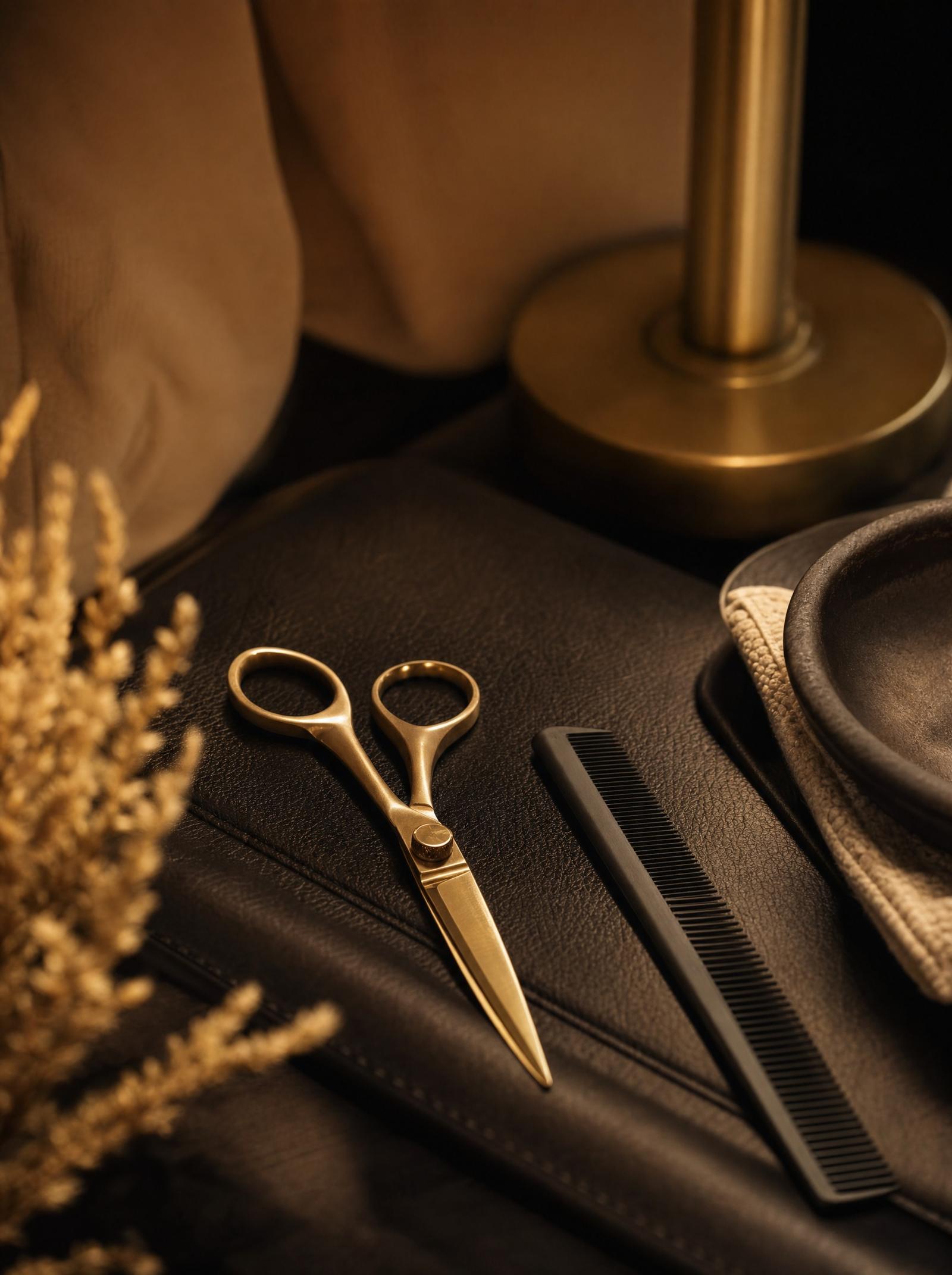 Brass grooming scissors and a black comb on dark leather