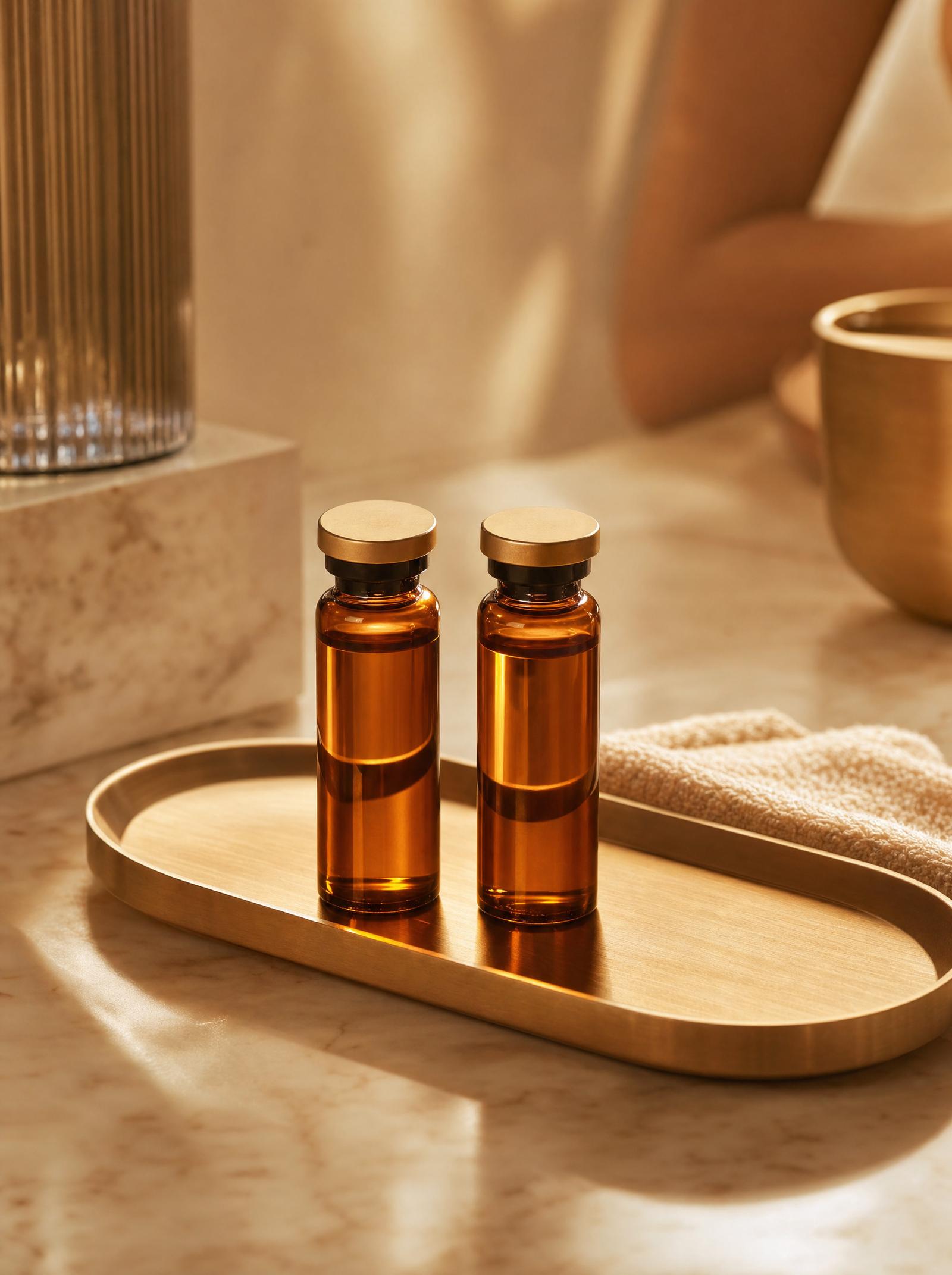 Two amber vials with gold caps on a brushed brass tray