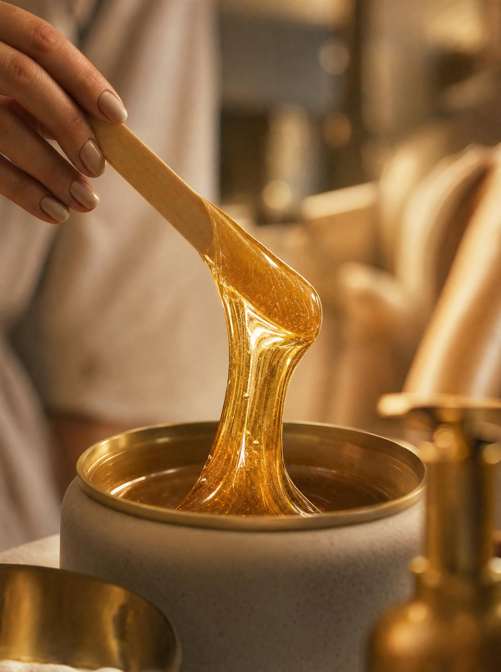Wooden spatula lifting a ribbon of golden wax